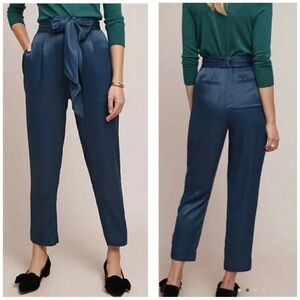 Anthropologie ett:twa Silky Satin Tie Waist Pants Tapered Ankle Blue Size US 8